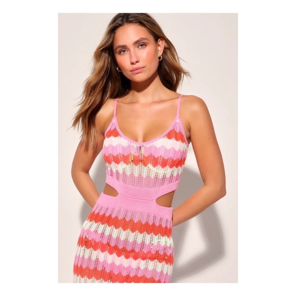Lulus Tropical Theme Pink and Orange Striped Crochet Swim Cover-Up